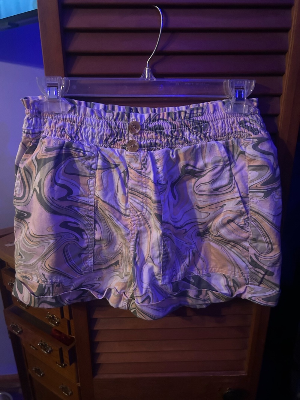 SO Marble-Print High Waisted Shorts in Pink and Green with pockets